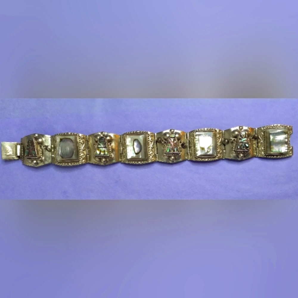 Vintage 925 Sterling Silver AZTEC Abalone Panel Bracelet